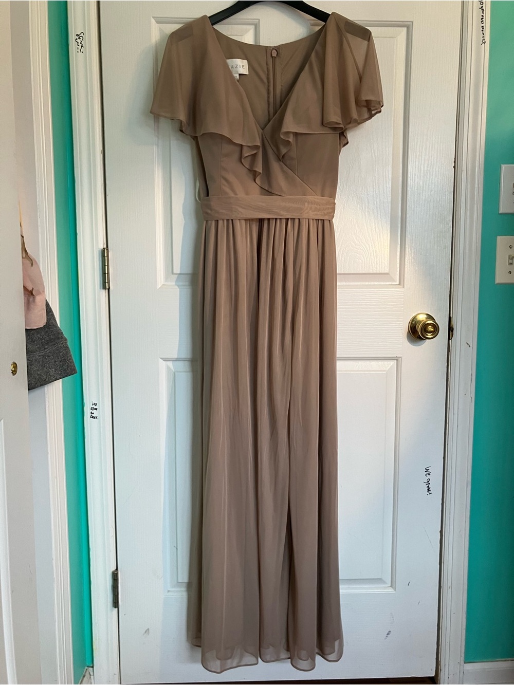 Azazie Taupe Ruffle V-Neck Maxi Dress